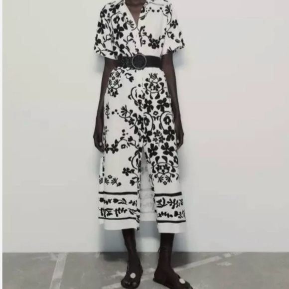 Linen Blend Zara Shirt Dress Minimalist Black White Print Button Down Pockets XL - Picture 5 of 16